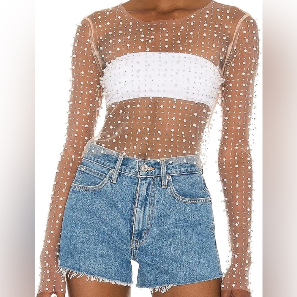 NEW Women’s Boutique Beaded Pearl Crop Long Sleeve Shirt